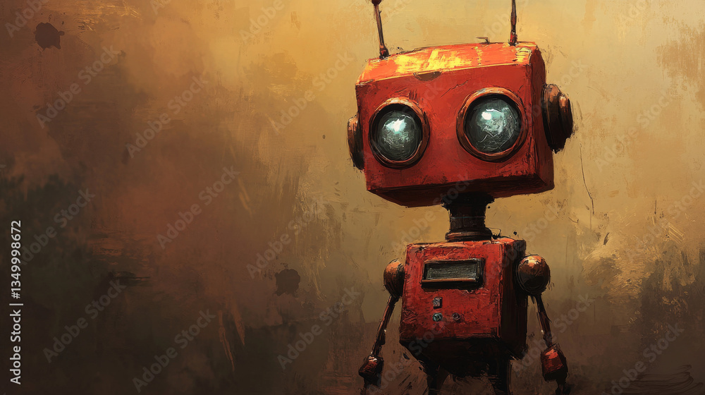Poster robot in isometric style on blue background. vector flat service support chat bot. cartoon android w