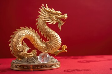 Fototapeta premium Golden Dragon Sculpture on Red Background During Celebration Generative AI