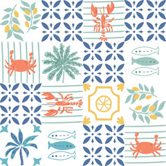 Tropical lobster seamless pattern, Italy vacation mood. Mediterranean summer background with seafood, sardines, crab, palm trees, lemon, Italian tile. Vector wallpaper, retro geometric design, textile