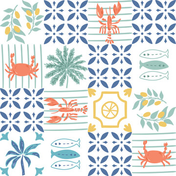 Tropical lobster seamless pattern, Italy vacation mood. Mediterranean summer background with seafood, sardines, crab, palm trees, lemon, Italian tile. Vector wallpaper, retro geometric design, textile