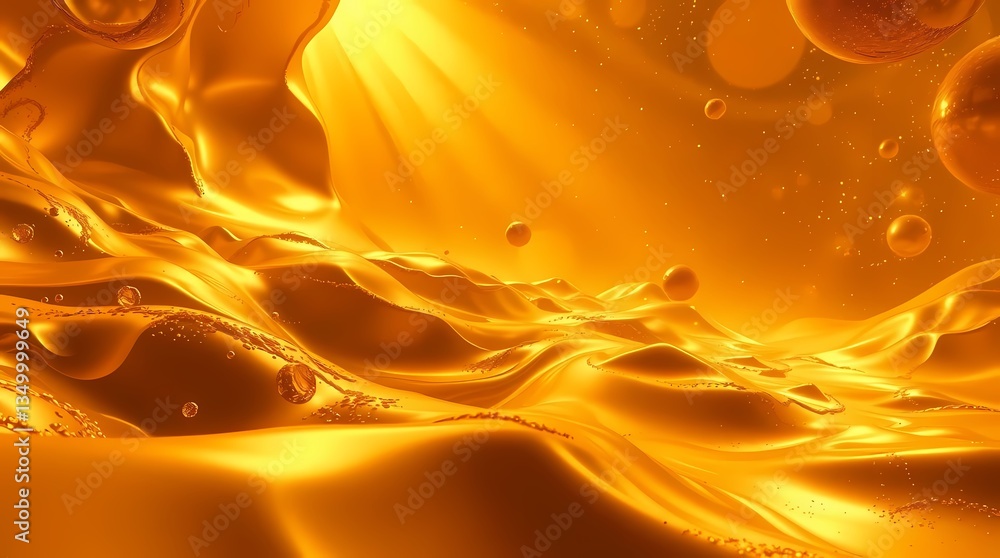 Poster golden abstraction: a mesmerizing close-up captures the radiant beauty of flowing golden liquid, cre