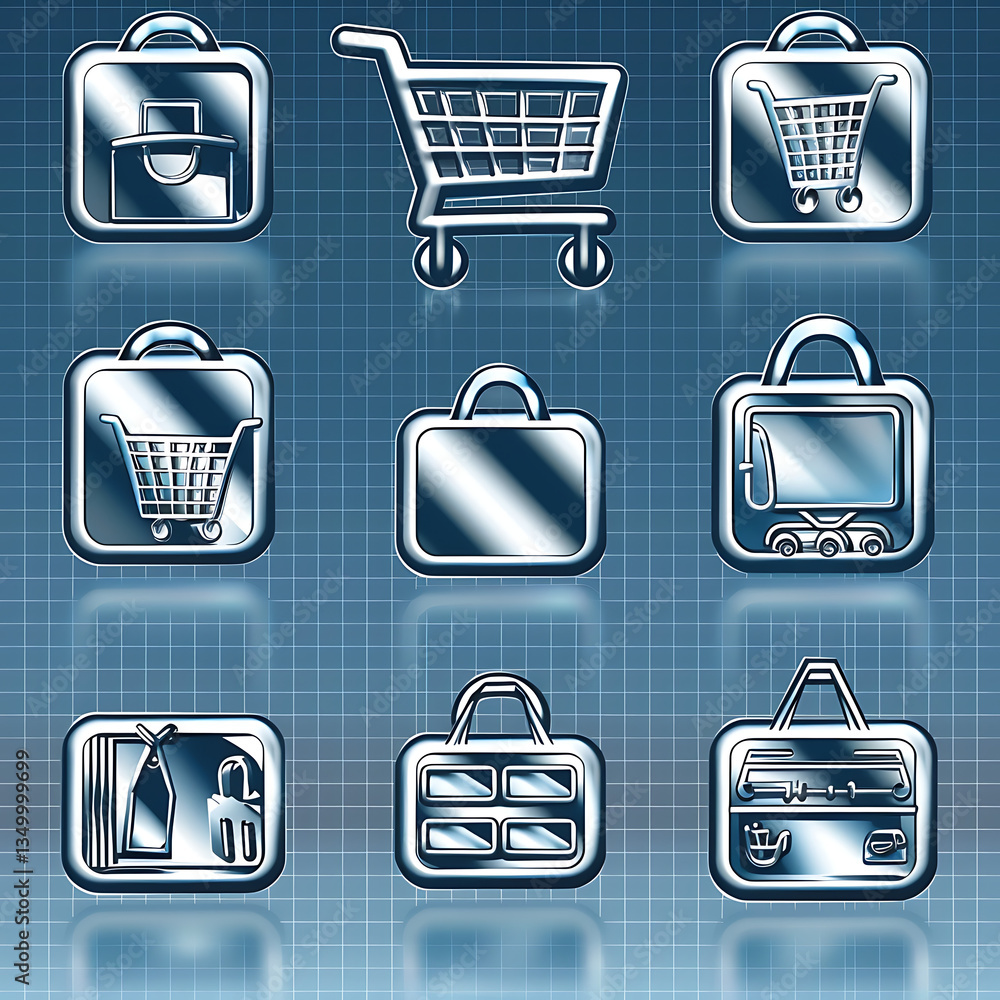 Poster chrome shopping icons on grid backdrop. metallic web buttons with cart and bag symbols for e-commerc