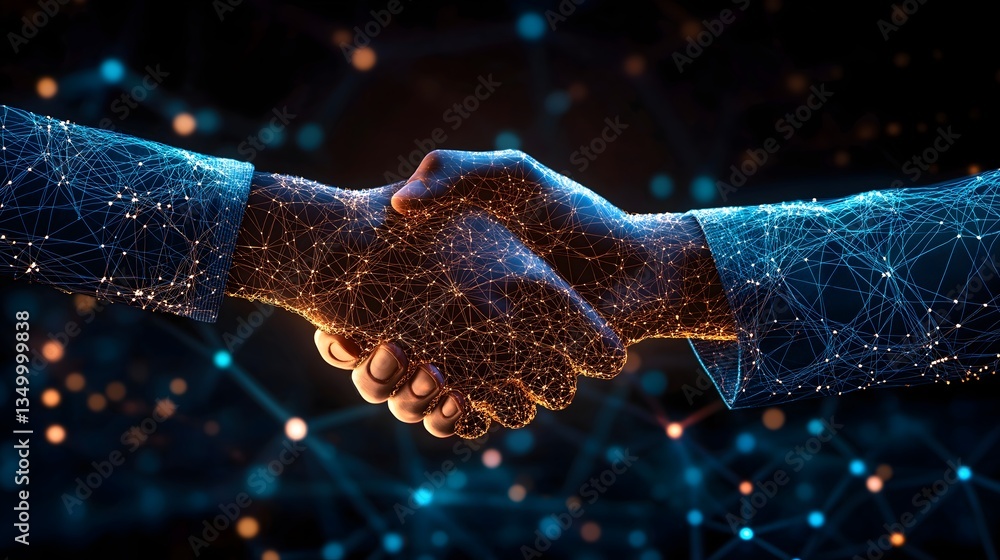 Poster digital handshake symbolizing business agreement, a modern visual interpretation of two hands claspe
