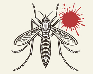Mosquito drawing with blood splatter, representing disease, danger, and insect bites.