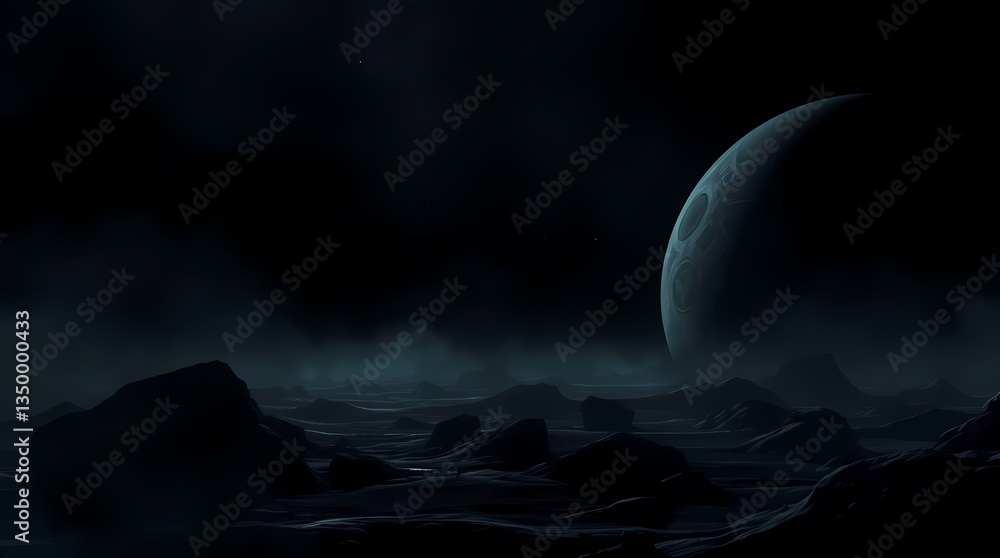 Poster celestial frontier: a mysterious planet looms in the twilight sky, casting an ethereal glow over a r