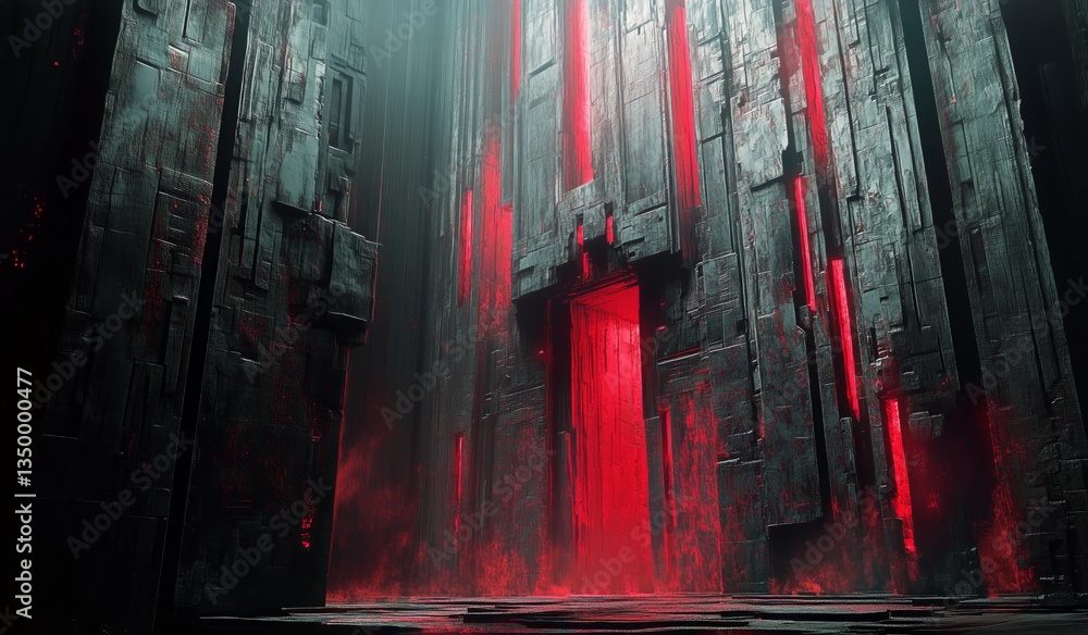 Poster mysterious ancient structure with glowing red light in a dark environment