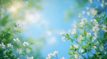Natural defocused background vector illustration. Banner with blurred blue sky, green trees foliage and white flowers, design element for environmental projects or organic product advertising