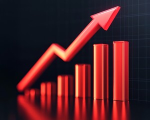 A dynamic graph showcasing increasing growth, represented by red bars and an upward arrow against a dark background.