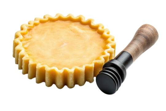 A delightful lemon tart promising sweet indulgence with a rustic wooden tamper alongside presented on a sleek dark backdrop for focused viewing.