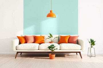 Interior desgin of modern living room interior with colorful decorations and accessories, plants, sofa, coffee table, lamp and plant. Blue wall. Home decor