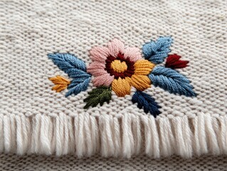 Close-up embroidered flower design on cream throw