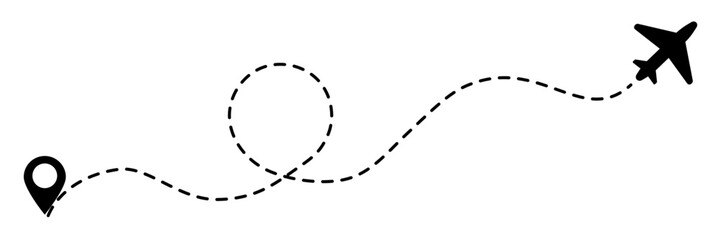 Minimalist airplane travel path with map pins. Dashed route line representing a plane journey, romantic trip, business travel, and flight routes. Vector illustration isolated on a transparent backgrou