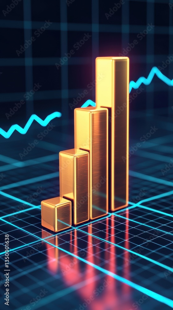 Poster a three-dimensional bar chart in gold color against a blue backdrop, depicting data trends with a ri
