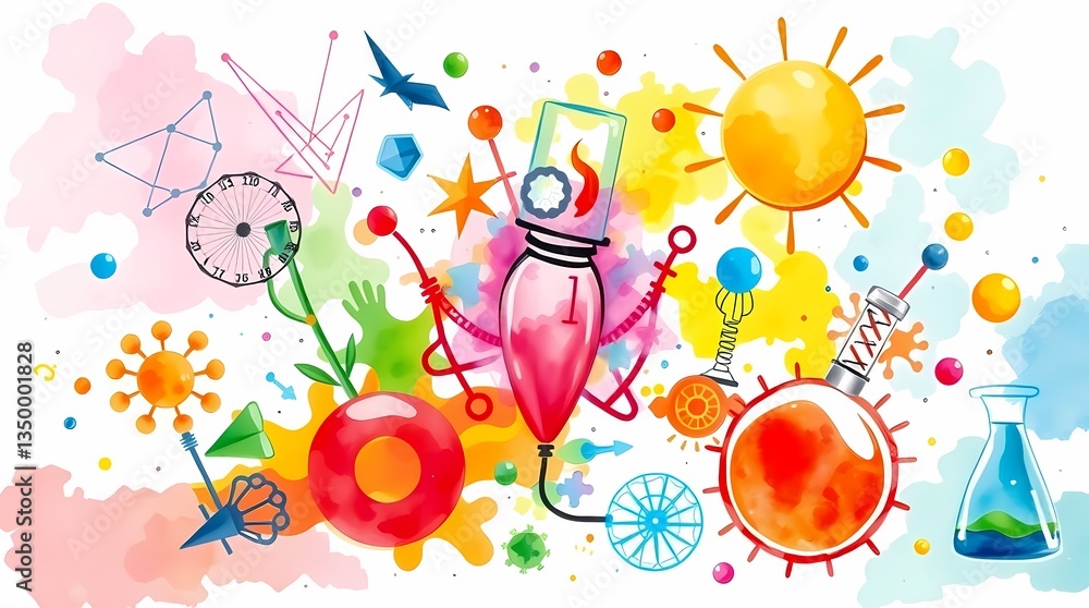 Poster illuminating ideas: a colorful abstract illustration, this image merges artistic elements with scien