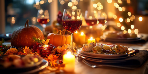 Thanksgiving Dinner with Golden Autumn Decor and a Warm, Inviting Ambiance for Seasonal Promotions, Home Styling, or Festive Marketing