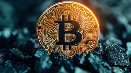 A close-up of a Bitcoin cryptocurrency sitting on a textured black surface, highlighting its golden creation and digital significance.