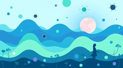 Wandering Under the Moonlit Sky: An imaginative illustration of a silhouetted person in a whimsical landscape. Waves of color dance across the scene under the warm.
