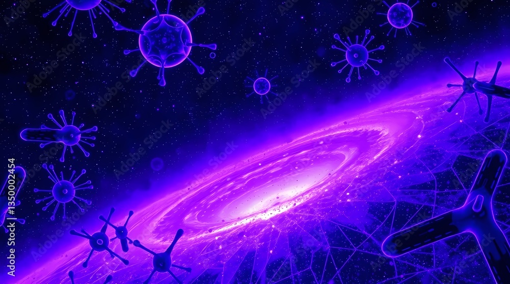 Poster cosmic collision: a mesmerizing depiction of a cosmic clash between a galactic entity and viral stru