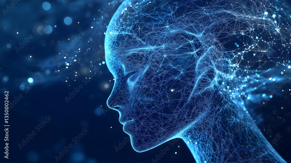 Poster digital mindscape: captivating representation of a human head rendered in a futuristic, digitally-st