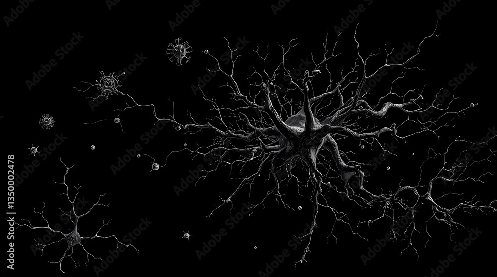 Poster microscopic neural network: artistic, high-contrast depiction of interconnected neurons in a dynamic