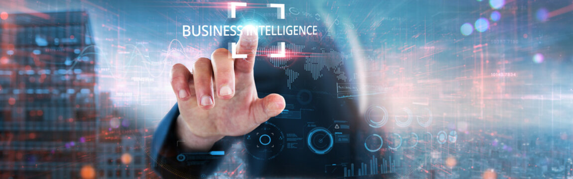 Business Intelligence: Businessman touches futuristic data and global network. Data analysis, predictive insights, market trends, decision-making, reporting tools, and data visualization.