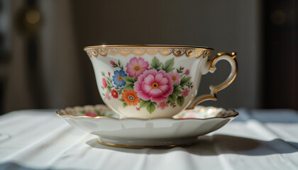 Fototapeta premium Elegant floral porcelain cup and saucer against soft background 