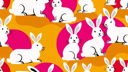Fototapeta premium A pattern of white rabbits on an orange and pink background.