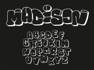 Alphabet in hand-drawn street graffiti style. Inflated letters vector graffiti alphabet on a black background