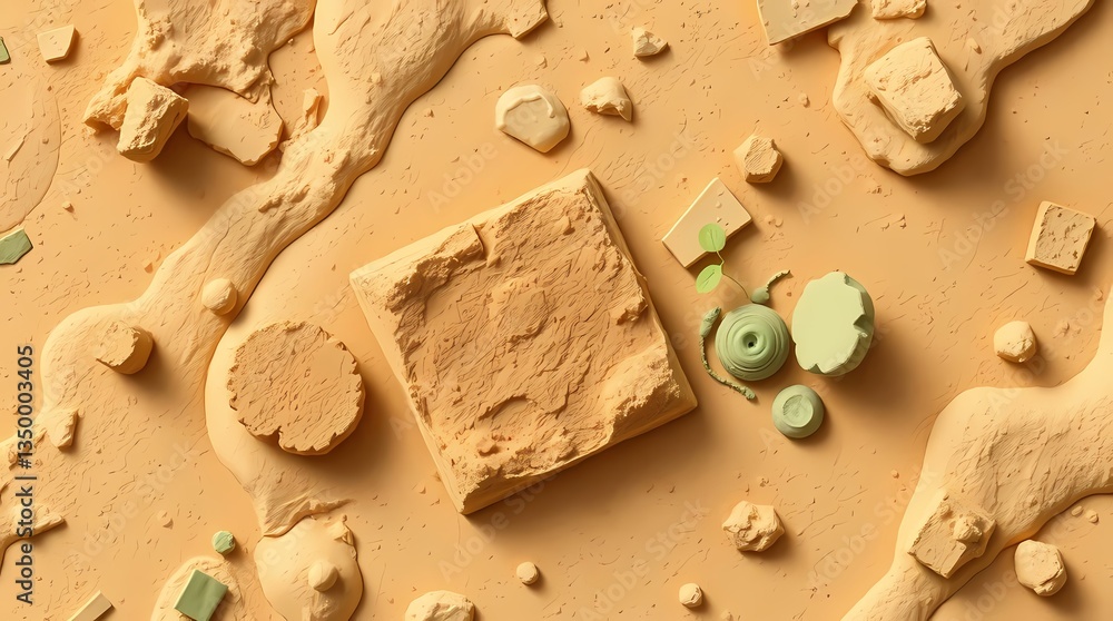 Poster sand-like textures with various shapes scattered around and abstract details.