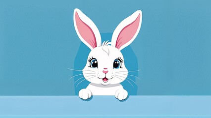 Fototapeta premium A white rabbit peeking out from behind a blue wall.