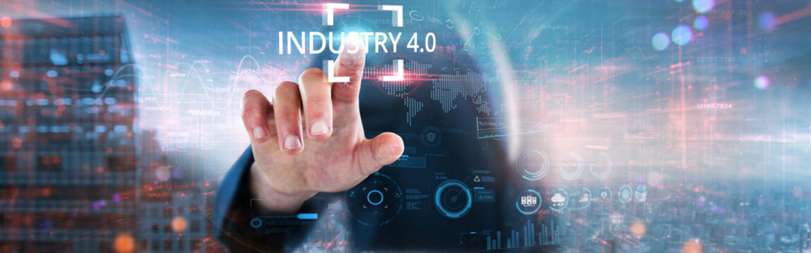 Industry 4.0: Businessman touches futuristic data and global network, automation, smart manufacturing, IoT integration, data analytics, cyber-physical systems, and real-time monitoring.