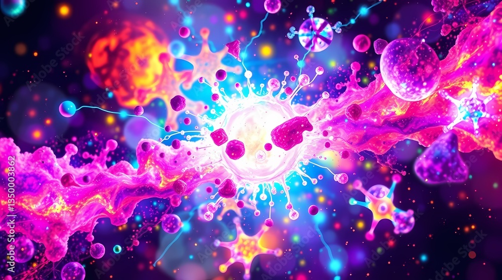 Poster cosmic cellular explosion: an abstract and vibrant depiction of a cellular explosion, showcasing int