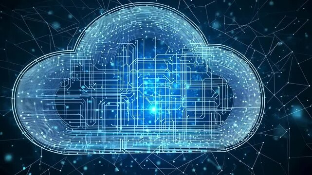 Digital cloud technology design with circuit patterns and blue lighting effects in a futuristic setting