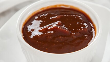 Close-up of a small white bowl filled with dark brown barbecue sauce.