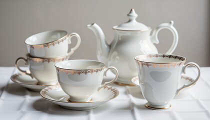 Fototapeta premium Elegant porcelain tea set with cups and teapot on a white table 