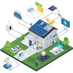 Obraz premium Smart home with solar panels illustration. Energy-efficient house with connected devices, renewable energy and home automation concept.