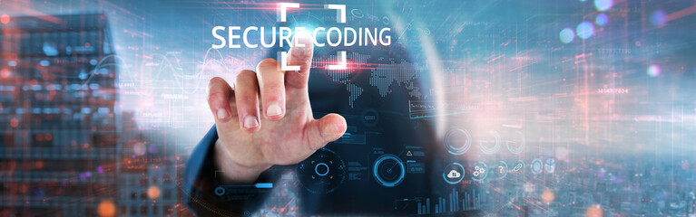 Secure Coding: Businessman touches futuristic data and global network, encryption techniques, vulnerability assessment, secure protocols, code review, threat mitigation, and software protection.