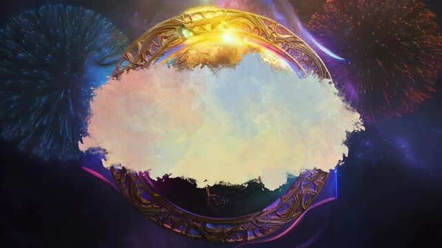 abstract, uneven, colourful cloud as a copy space over earth globe & firework exploding in the background; concept of science event celebration