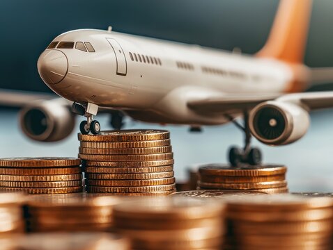 A model airplane sits atop stacks of coins, symbolizing the financial aspects of aviation and the airline industry.