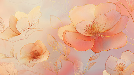 An elegant floral illustration with delicate golden outlines on a soft peach background. Sophisticated and artistic, ideal for luxury branding, invitations, and decor.