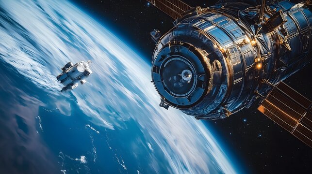   Orbital Rendezvous: Captivating view of a spacecraft and a space station in the vastness of space, with planet Earth serving as a backdrop.