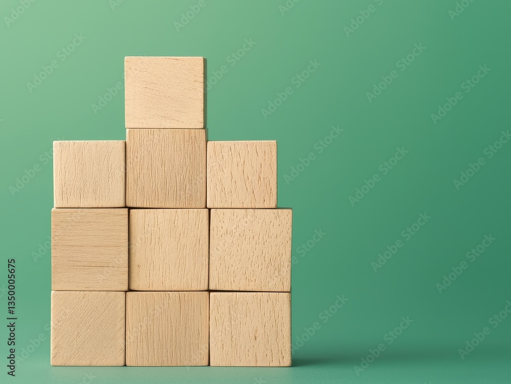 Poster a tower of wooden blocks arranged in a pyramid shape against a green background, showcasing simplici