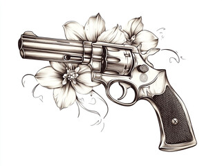 A detailed illustration of a revolver entwined with delicate flowers on a white background art piece