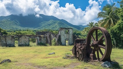 Fototapeta premium Historical Sugar Mill Ruins on Nevis Island: A Vintage Journey Through Caribbean Industry and Trains