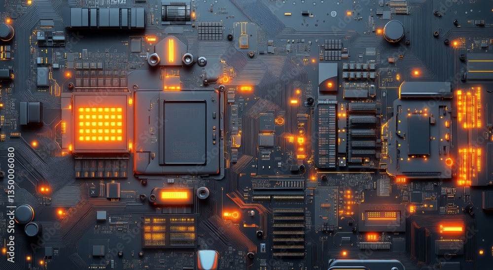 Poster circuit board with glowing elements and intricate connections illuminated in a dark environment
