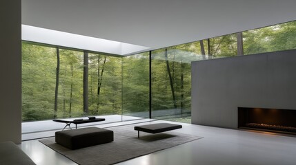 Obraz premium Minimalist modern home interior with forest views. Floor-to-ceiling glass walls provide a seamless connection to nature. Neutral tones and clean lines create a tranquil atmosphere