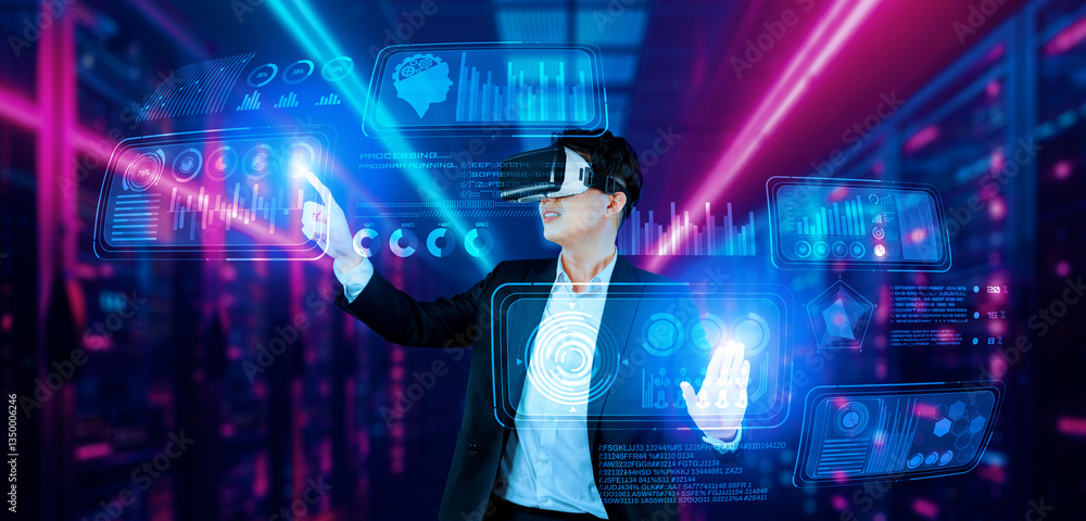 Poster businessman with headset standing at data center while analyzing financial data. manager pointing ma