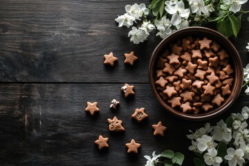 A bowl of dog food on the right side with small white flowers scattered around, and some large brown dog treats on top of it on a dark wooden background.