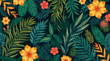A lush tropical floral and leaf pattern with deep green foliage and golden flowers on a dark background. Vibrant, exotic, and stylish, ideal for fashion and design.