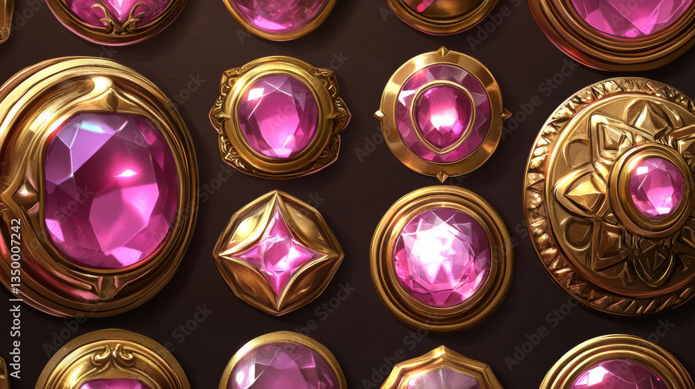 Poster magic game button set. golden frames with geometric ornaments, pink gemstones, glossy metallic surfa